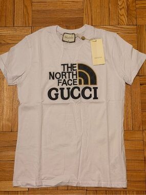 Gucci White Tee with Black and Gold Logo Collaboration